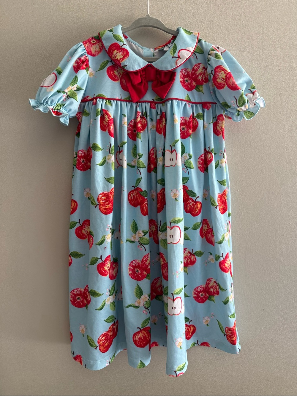 Classic Southern Smocks Girls Sz7 Blue Apple Dress Red Bow - Back to school! 🍎